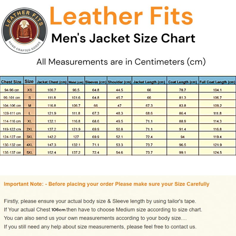 May include: A size chart for men's leather jackets, with measurements in centimeters. The chart includes chest size, jacket chest, waist, sleeves, shoulder, jacket length, coat length, and full coat length. The chart ranges from XS to 5XL.