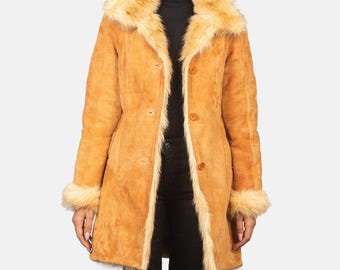 Women’s Beige Shearling Leather Coat – Elegant Long Winter Overcoat | Real Lambskin by Leather Fits