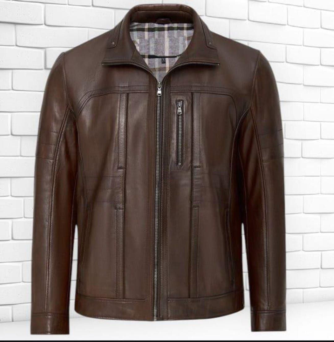 メンズ ブラウン 本革 バイカージャケット | ハンドメイド スリム