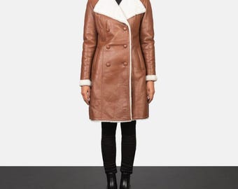 Women’s Brown Shearling Long Coat – Double Breasted Real Leather Winter Trench by Leather Fits