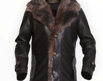 May include: A dark brown leather jacket with a faux fur collar and lining. The jacket has a button-up front, two front pockets, and buttoned cuffs. The fur is a mix of brown and tan colors.