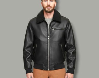 Handmade Men’s Sheepskin Bomber Jacket Black Shearling Collar Winter Outerwear