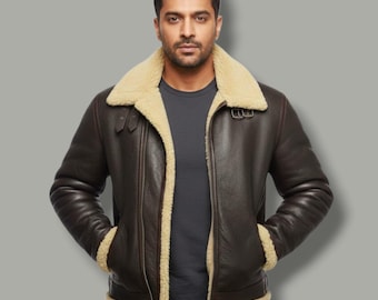 Men's Handmade Dark Brown Sheepskin Leather Jacket | Genuine Shearling Lined Winter Coat