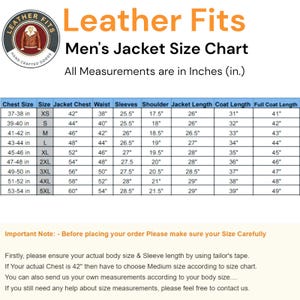 May include: A size chart for men's leather jackets, with measurements in inches. The chart includes chest size, jacket chest, waist, sleeves, shoulder, jacket length, coat length, and full coat length for sizes XS to 5XL. The Leather Fits logo is at the top.