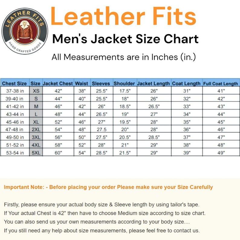May include: A size chart for men's leather jackets, with measurements in inches. The chart includes chest size, jacket chest, waist, sleeves, shoulder, jacket length, coat length, and full coat length for sizes XS to 5XL. The Leather Fits logo is at the top.