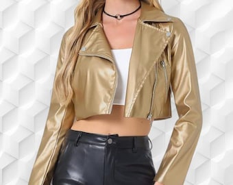 Gold Leather Cropped Biker Jacket | Women's Moto Coat