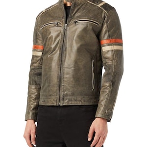 Distressed Grey Leather Biker Jacket: Vintage Cafe Racer Slim Fit