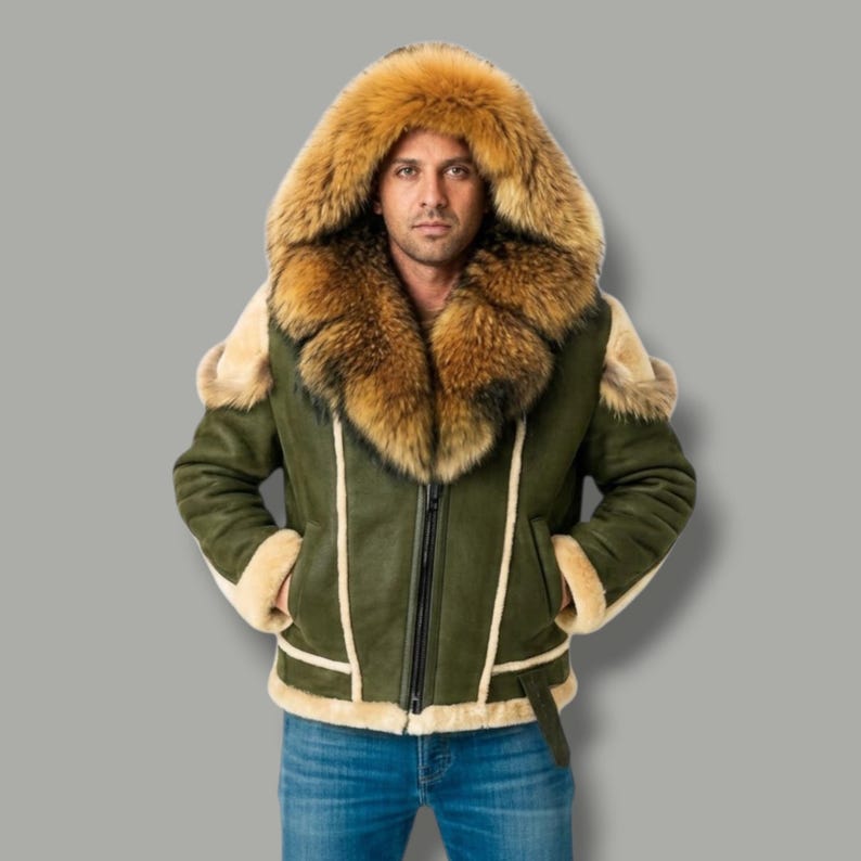 Handmade Men's Shearling Leather Coat: Vintage Sheepskin Fur-Lined Winter Jacket Olive Green