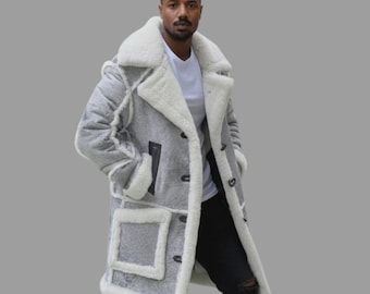 Handmade Men’s Shearling Sheepskin Leather Coat – Vintage Long Winter Fur Lined Jacket