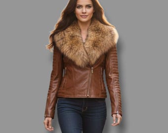 Handgefertigte Damen Lammfelljacke in Braun mit luxuriösen Pelzkragen