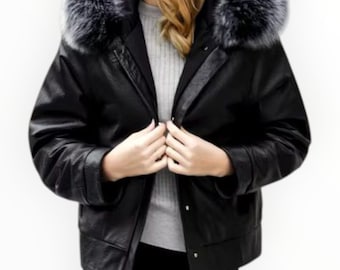 Genuine Leather Short Coat with Fox Fur Collar - Handmade