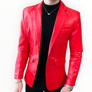 Men&#39;s Red Slim Fit Leather Blazer – Stylish Party Wear Casual Jacket by Leather Fits