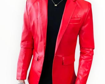 Men's Red Slim Fit Leather Blazer – Stylish Party Wear Casual Jacket by Leather Fits