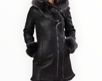 Black Sheepskin Shearling Coat: Women's Genuine Leather Trench with Wool Hood