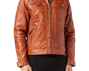 Tanbruin leren bikerjack heren: slim fit Cafe Racer