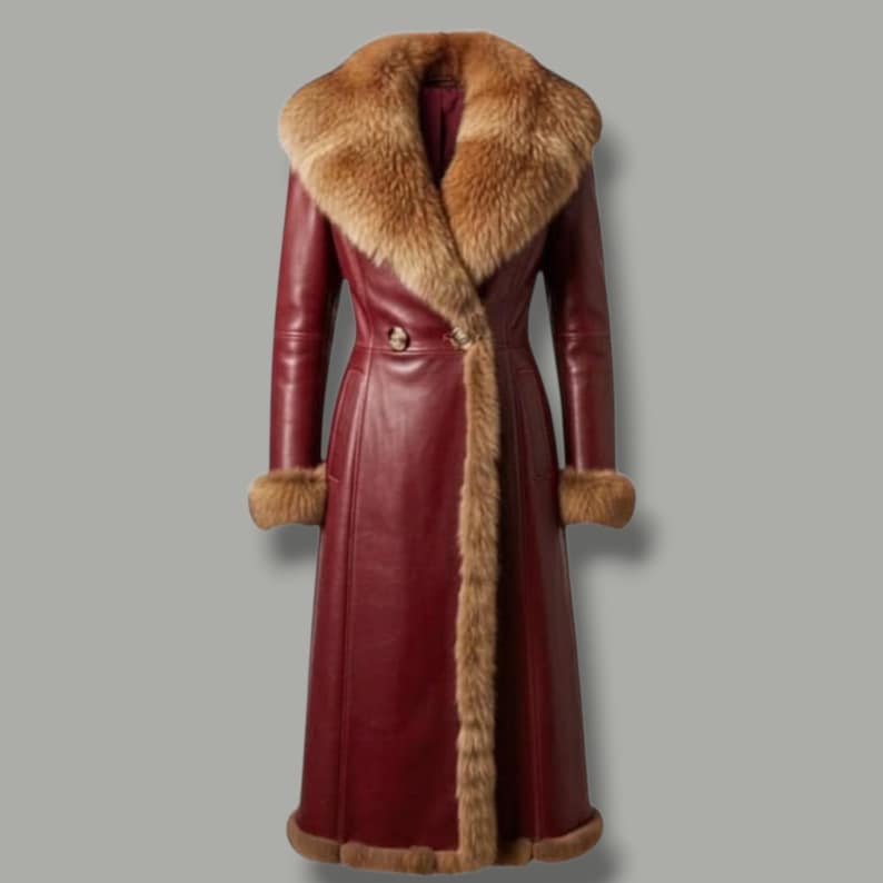 Luxury Sheepskin Leather Coat: Fox Fur Trim Winter Outerwear Red