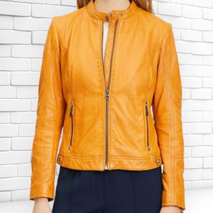 Women’s Yellow Leather Jacket – Stylish Slim Fit Biker Coat with Front Zipper | Leather Fits