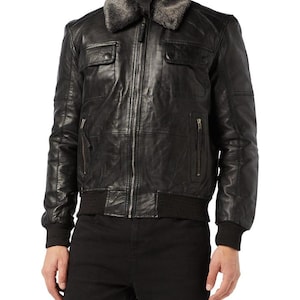 Men&#39;s Black Leather Bomber Jacket: Faux Fur Collar, Aviator Style