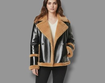 Handmade Shearling Aviator Jacket – Genuine Sheepskin Biker Outerwear for Women