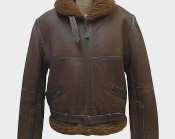 Shearling Lined Leather Aviator Jacket – Vintage Bomber Flight Coat – Warm Winter Pilot Jacket