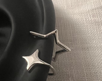 925 Sterling Silver Asymmetric Stars Ear Cuff - Four Pointed Star and Five Pointed Star