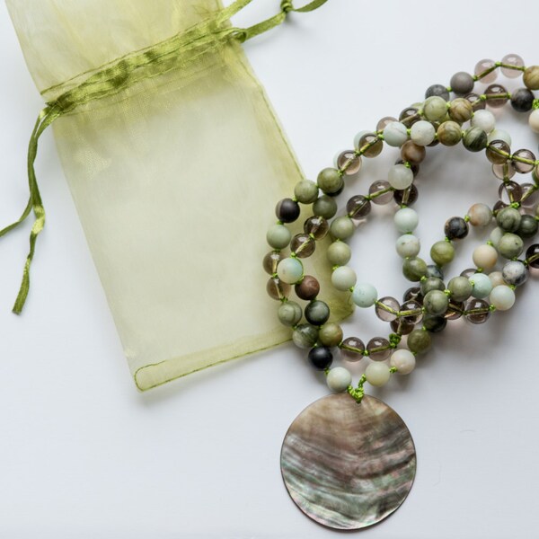 108 bead Mala mantra Necklace-Live in the flow- Green Jasper, Amazonite, Smokey Quartz and Abalone Shell