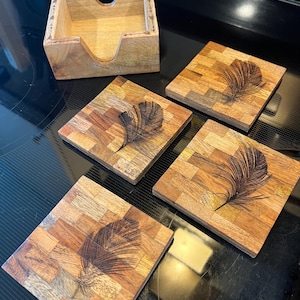 Laser Engraved Feather Coaster Set with Holder