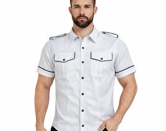 Men's White Lamb Leather Police Shirt – Short Sleeves with Black Piping