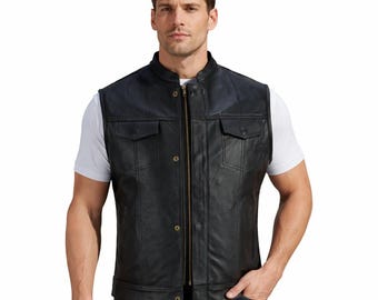 Men’s Cowhide Leather Biker Vest – Extendable Chest, Double Zips Front