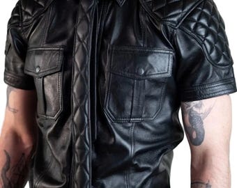 Men’s Quilted Leather Police Shirt & Tie Set – Lambskin BLUF Style