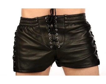 Herren-Schnürshorts aus Rindsleder mit seitlichen Schnürsenkeln und elastischer Taille