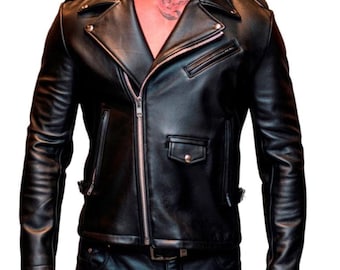 Bikerjacke aus echtem Rindsleder für Herren - Klassischer schwarzer Brando-Stil