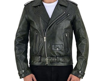 Men's Vintage Crocodile Print Cowhide Leather Biker Jacket