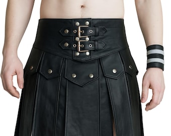 Herren Echtleder Gladiator Kilt - Clubwear Kilt mit kostenlosen Armbändern