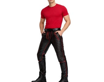 Men's Cowhide Leather Biker Pants with Quilted Panels & Piping