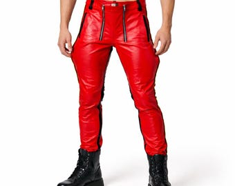 Men's Cowhide Leather Breeches – Carpenter Style with Contrast Stripes