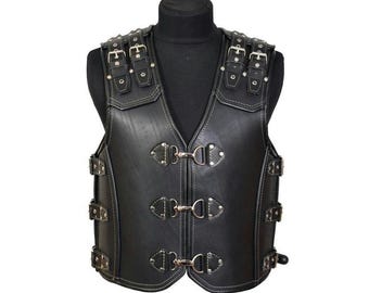 Echte schwere Leder-Bikerweste für Herren mit Fischhakenverschluss - Steampunk-Stil