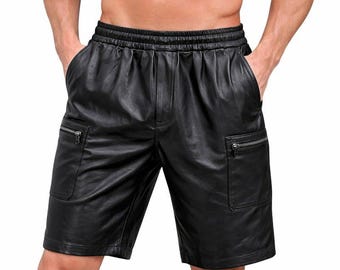 Men's Lamb Leather Shorts with Elastic Waist & Zipped Pockets – 5 Color Options