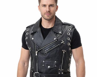 Men's Real Cowhide Leather Biker Brando Vest with Chains