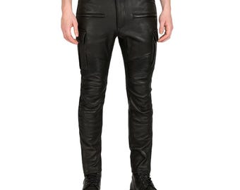 Men's Real Cowhide Leather Cargo Biker Pants with Zipper Pockets