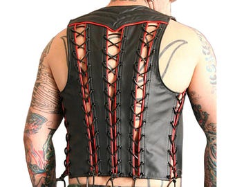 Barkeeper-Weste aus echtem Leder für Herren mit Schnürseiten und gestepptem Design