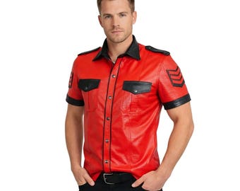 Men's Lamb Leather Police Style Shirt with Quilted Panels
