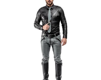 Men’s Real Leather Police Outfit – Grey & Black Leather Shirt and Pants Set