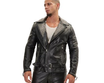 Men’s Silver Studded Cowhide Leather Biker Jacket – Brando Style