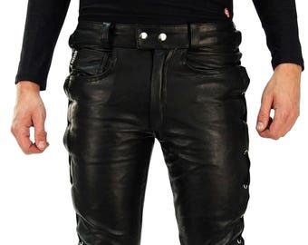 Men's Cowhide Leather Lace-Up Biker Pants with 5 Pockets