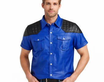 Men’s Black & Royal Blue Leather Police Shirt – Lambskin Gay Fetish Top