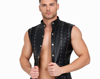Men's Real Cowhide Leather Biker Vest with Front & Back Laces