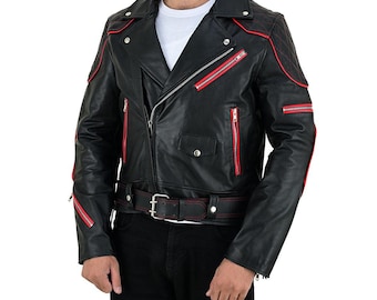 Herren Brando Rindsleder Bikerjacke mit gesteppten Einsätzen und roten Akzenten