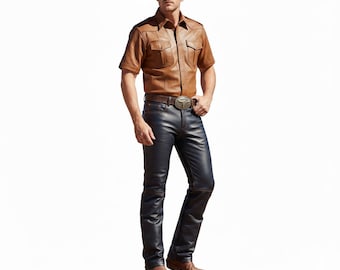 Herren Echt Lammleder Polizei Militär Kurzarmhemd