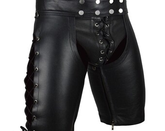 Herren Rindsleder Schnür-Chaps Shorts für Clubwear